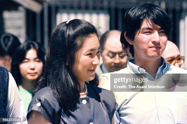 Kiko Kawashima is seen with their friends during their trip on August 12, 1987 in Tamayama, Iwate, Japan.