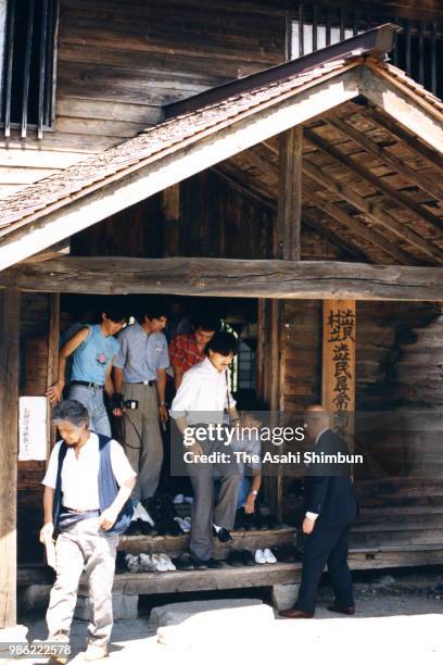 Prince Fumihito is seen with his friends during their trip on August 12, 1987 in Tamayama, Iwate, Japan.