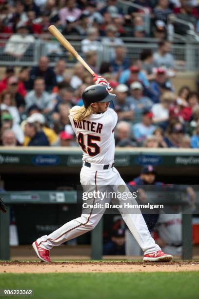 Taylor Motter of the Minnesota Twins bats against the Boston Red Sox on June 19, 2018 at Target Field in Minneapolis, Minnesota. The Twins defeated...