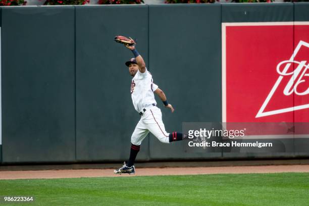 Eddie Rosario of the Minnesota Twins fields against the Boston Red Sox on June 19, 2018 at Target Field in Minneapolis, Minnesota. The Twins defeated...
