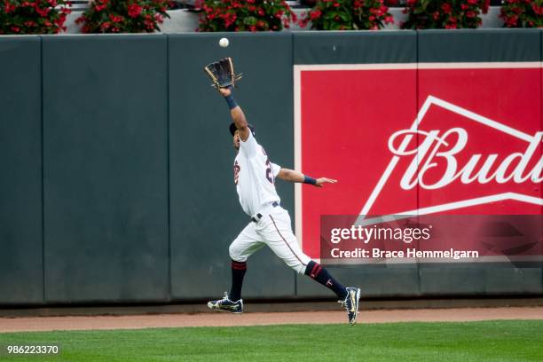 Eddie Rosario of the Minnesota Twins fields against the Boston Red Sox on June 19, 2018 at Target Field in Minneapolis, Minnesota. The Twins defeated...