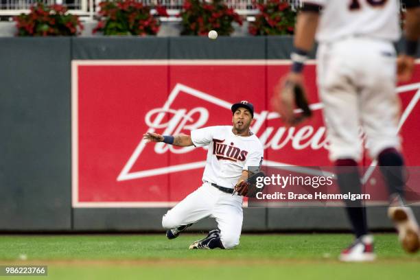 Eddie Rosario of the Minnesota Twins fields against the Boston Red Sox on June 19, 2018 at Target Field in Minneapolis, Minnesota. The Twins defeated...