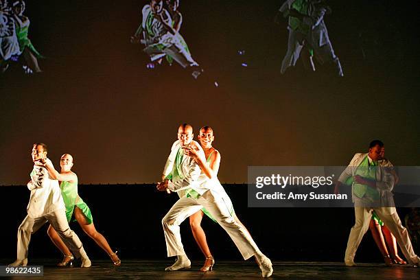 Santo Rico Dance Company perform onstage at the Drive-In presentation of "The Spirit Of Salsa" during the 2010 Tribeca Film Festival at the North...