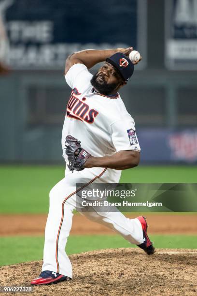 Fernando Rodney of the Minnesota Twins pitches against the Boston Red Sox on June 19, 2018 at Target Field in Minneapolis, Minnesota. The Twins...