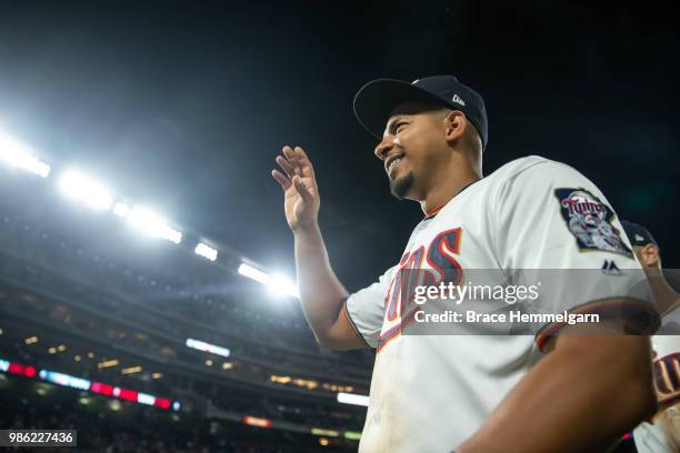 Eduardo Escobar of the Minnesota Twins looks on against the Boston Red Sox on June 19, 2018 at Target Field in Minneapolis, Minnesota. The Twins...