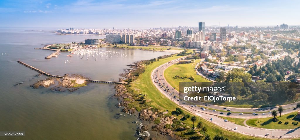 Aerial view, high angle view of Montevideo's coastline, Puertito del Buceo, Pocitos neighbourhood, Uruguay
