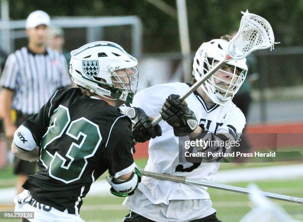 The state class C Boys State championships lacrosse game between Waynflete and Lincoln Academy at Fitzpatrick Stadium. Lincoln Academy, Nolen Micheal...
