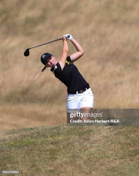 Celina Rosa Sattelkau of Germany plays a shot on the 11th hole during day three of The Ladies' British Open Amateur Championship at Hillside Golf...