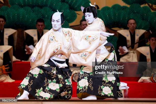 Japanese Kabuki actor Kankuro Nakamura and Tsurumatsu Nakamura of Heisei Nakamura company performs 'Renjishi' at Canal Theater in Madrid, Spain. June...