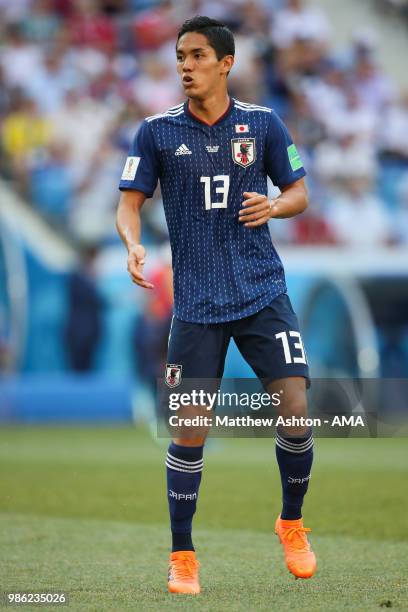 Yoshinori Muto of Japan in action during the 2018 FIFA World Cup Russia group H match between Japan and Poland at Volgograd Arena on June 28, 2018 in...