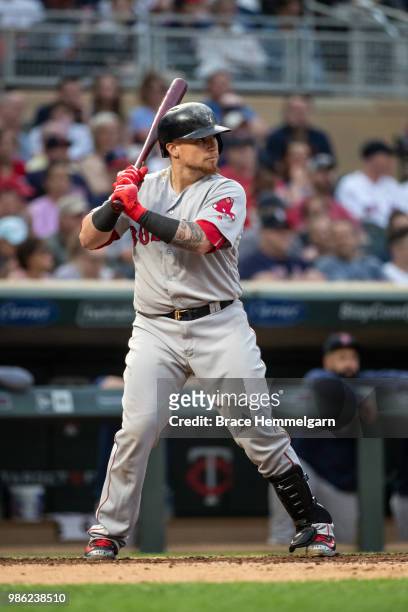 Christian Vazquez of the Boston Red Sox bats against the Minnesota Twins on June 20, 2018 at Target Field in Minneapolis, Minnesota. The Twins...