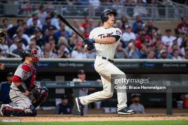 Max Kepler of the Minnesota Twins bats and hits a home run against the Boston Red Sox on June 20, 2018 at Target Field in Minneapolis, Minnesota. The...