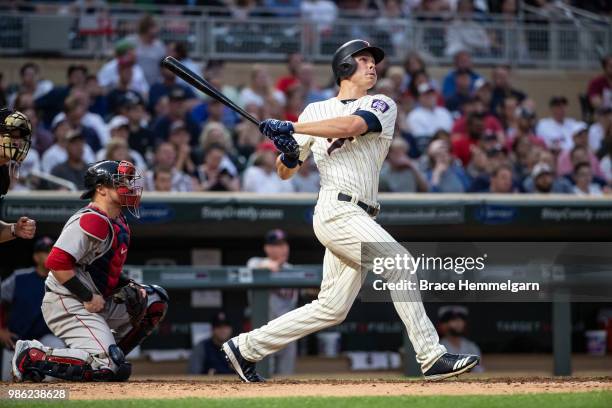 Max Kepler of the Minnesota Twins bats and hits a home run against the Boston Red Sox on June 20, 2018 at Target Field in Minneapolis, Minnesota. The...