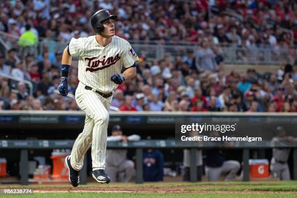 Max Kepler of the Minnesota Twins runs after hitting a home run against the Boston Red Sox on June 20, 2018 at Target Field in Minneapolis,...