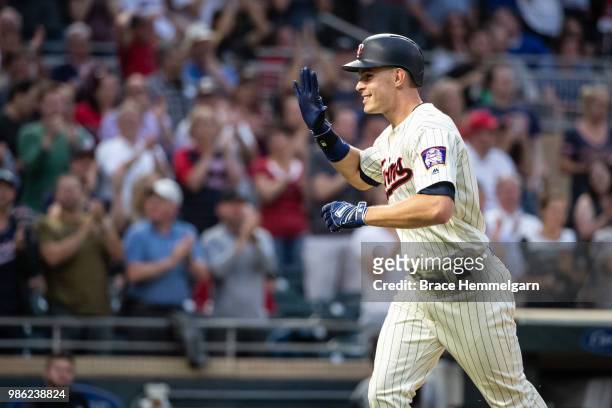 Max Kepler of the Minnesota Twins celebrates after hitting a home run against the Boston Red Sox on June 20, 2018 at Target Field in Minneapolis,...