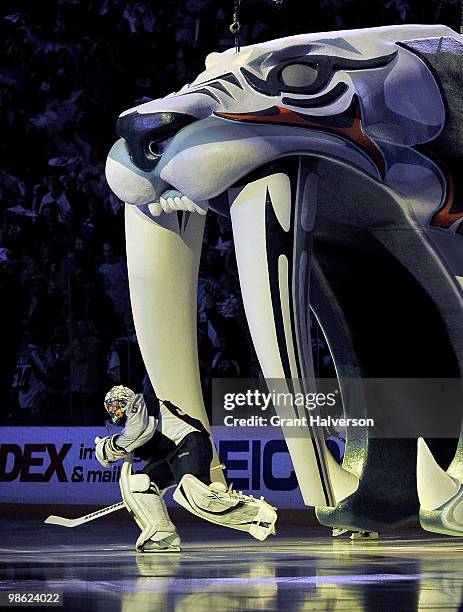 Goalkeeper Pekka Rinne of the Nashville Predators leads the team onto the ice against the Chicago Blackhawks in Game Four of the Eastern Conference...