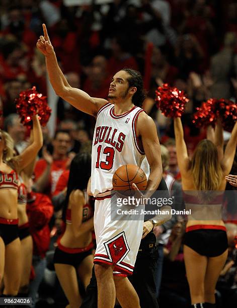 Joakim Noah of the Chicago Bulls celebrates a win over the Cleveland Cavaliers in Game Three of the Eastern Conference Quarterfinals during the 2010...