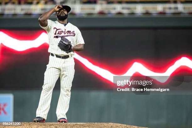 Fernando Rodney of the Minnesota Twins looks on against the Boston Red Sox on June 20, 2018 at Target Field in Minneapolis, Minnesota. The Twins...