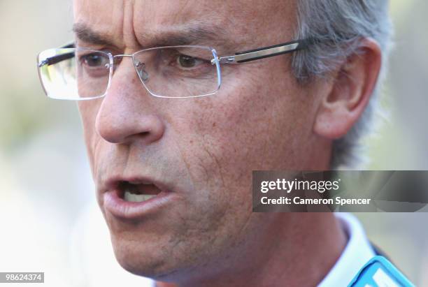 David Gallop speaks at a Press Conference at Fox Studios on April 23, 2010 in Sydney, Australia. Gallop revealed yesterday salary cap breaches by the...