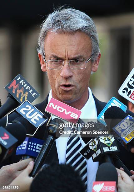 David Gallop speaks at a Press Conference at Fox Studios on April 23, 2010 in Sydney, Australia. Gallop revealed yesterday salary cap breaches by the...