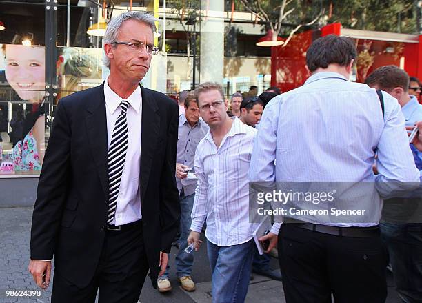 David Gallop leaves a Press Conference at Fox Studios on April 23, 2010 in Sydney, Australia. Gallop revealed yesterday salary cap breaches by the...