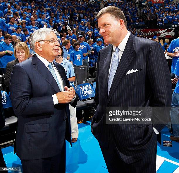 Commissioner, David Stern, speaks with Oklahoma City Thunder Chairman and CEO, Clay Bennett before Game Three of the Western Conference Quarterfinals...