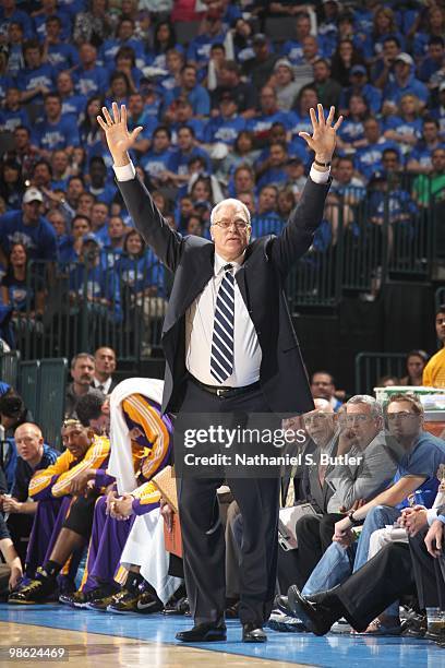 Coach Phil Jackson of the Los Angeles Lakers directs his team against the Oklahoma City Thunder in Game Three of the Western Conference Quarterfinals...