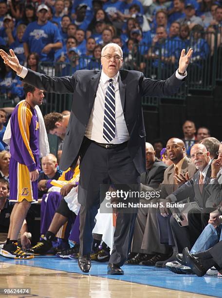 Coach Phil Jackson of the Los Angeles Lakers directs his team against the Oklahoma City Thunder in Game Three of the Western Conference Quarterfinals...