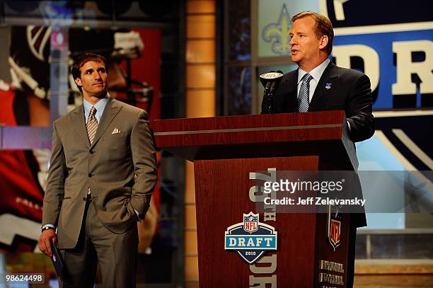 Commissioner Roger Goodell introduces Drew Brees of the New Orleans Saints during the first round of the 2010 NFL Draft at Radio City Music Hall on...