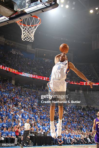Russell Westbrook of the Oklahoma City Thunder shoots against the Los Angeles Lakers in Game Three of the Western Conference Quarterfinals during the...
