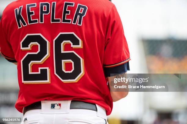 Max Kepler of the Minnesota Twins looks on against the Boston Red Sox on June 21, 2018 at Target Field in Minneapolis, Minnesota. The Red Sox...