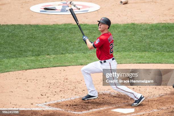 Max Kepler of the Minnesota Twins bats against the Boston Red Sox on June 21, 2018 at Target Field in Minneapolis, Minnesota. The Red Sox defeated...