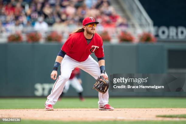 Taylor Motter of the Minnesota Twins fields against the Boston Red Sox on June 21, 2018 at Target Field in Minneapolis, Minnesota. The Red Sox...