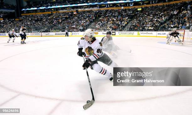 Patrick Kane of the Chicago Blackhawks moves the puck against the Nashville Predators in Game Four of the Eastern Conference Quarterfinals during the...