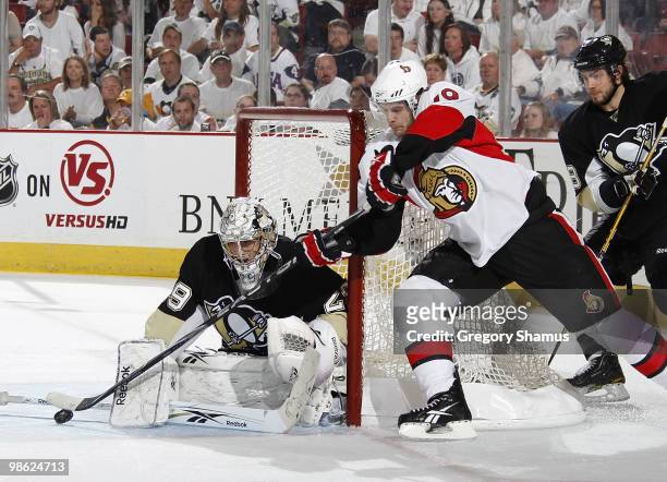 Marc-Andre Fleury of the Pittsburgh Penguins blocks a shot by Jason Spezza of the Ottawa Senators in Game Five of the Eastern Conference Quaterfinals...