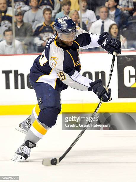 Joel Ward of the Nashville Predators takes a shot against the Chicago Blackhawks in Game Four of the Eastern Conference Quarterfinals during the 2010...