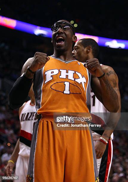 Amar'e Stoudemire of the Phoenix Suns celerbates making a basket against the Portland Trail Blazers during Game 3 of the Western Conference...