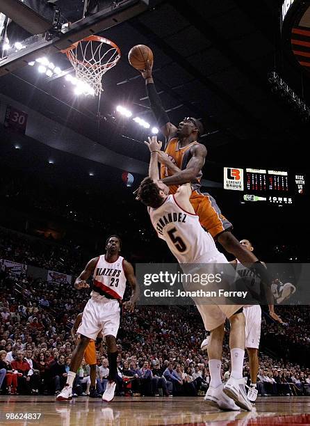 Amar'e Stoudemire of the Phoenix Suns shoots a basket against Rudy Fernandez the Portland Trail Blazers during Game 3 of the Western Conference...