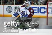 Goalie Craig Anderson of the Colorado Avalanche blocks a shot against the San Jose Sharks in the first period of Game Five of their Western...