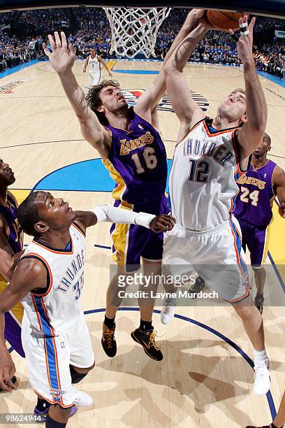 Nenad Krstic of the Oklahoma City Thunder goes to the basket against Pau Gasol of the Los Angeles Lakers in Game Three of the Western Conference...