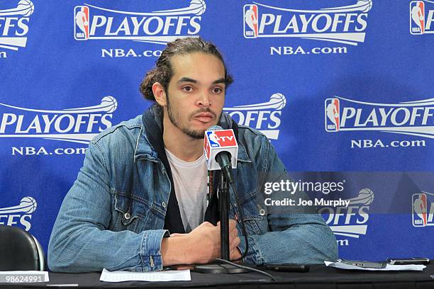 Joakim Noah of the Chicago Bulls reacts to a question from the media during a press confernce after Game Three of the Eastern Conference...