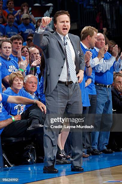 Scott Brooks, Head Coach of the Oklahoma City Thunder calls a play during Game Three of the Western Conference Quarterfinals during the 2010 NBA...