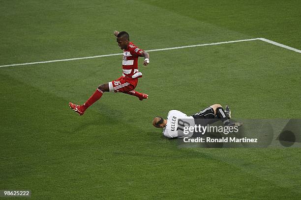 Goalkeeper Kasey Keller of the Seattle Sounders makes a save against Atiba Harris of FC Dallas at Pizza Hut Park on April 22, 2010 in Frisco, Texas.