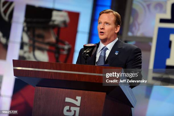 Commissioner Roger Goodell announces that the St. Louis Rams selected quarterback Sam Bradford from the Oklahoma Sooners first overall during the...