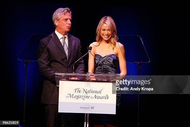 Managing editor of People magazine Larry Hackett and Katrina Bowden present an award at the 45th Annual National Magazine Awards at Alice Tully Hall,...