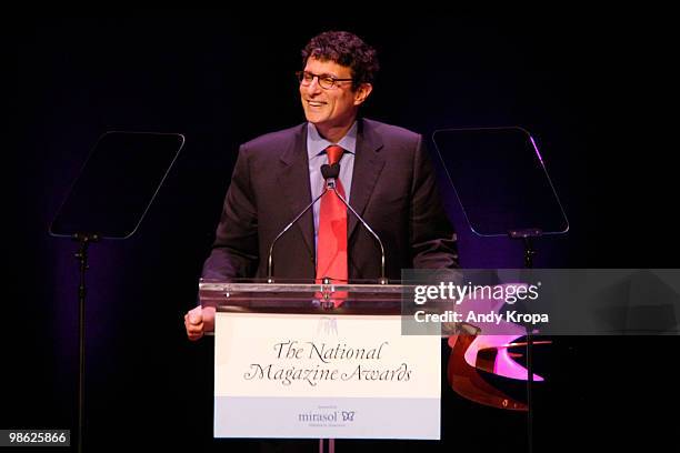 Editor of The New Yorker David Remnick accepts an award at the 45th Annual National Magazine Awards at Alice Tully Hall, Lincoln Center on April 22,...