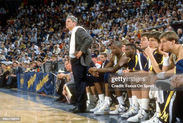 Head coach Bill Frieder of the University of Michigan looks on during an NCAA College basketball game circa 1988 at Crisler Arena in Ann Arbor,...