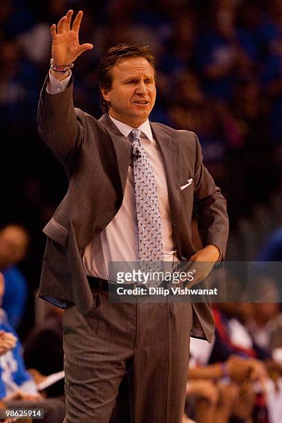 Head coach Scott Brooks of the Oklahoma City Thunder directs his team against the Los Angeles Lakers during Game Three of the Western Conference...