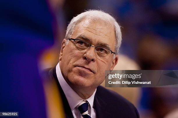 Head coach Phil Jackson of the Los Angeles Lakers looks on from the bench against the Oklahoma City Thunder during Game Three of the Western...