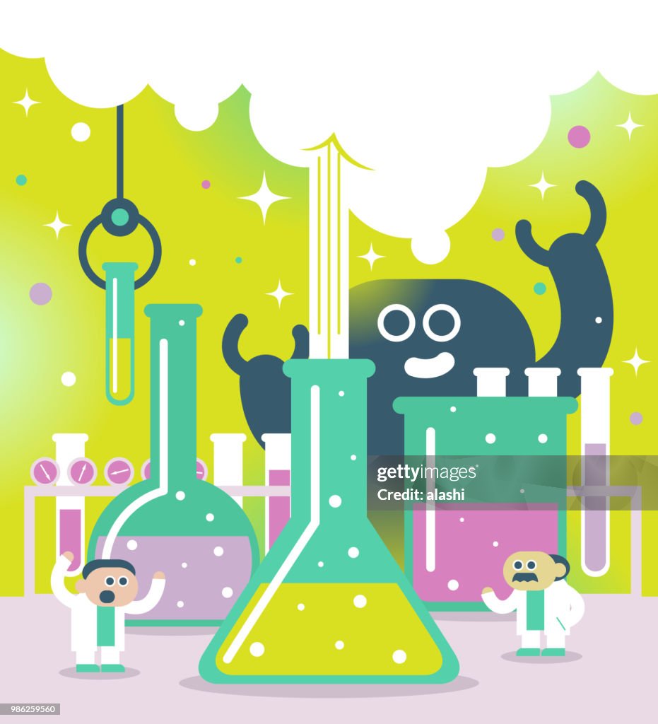 Scientist or chemist at their work and bizarre monster